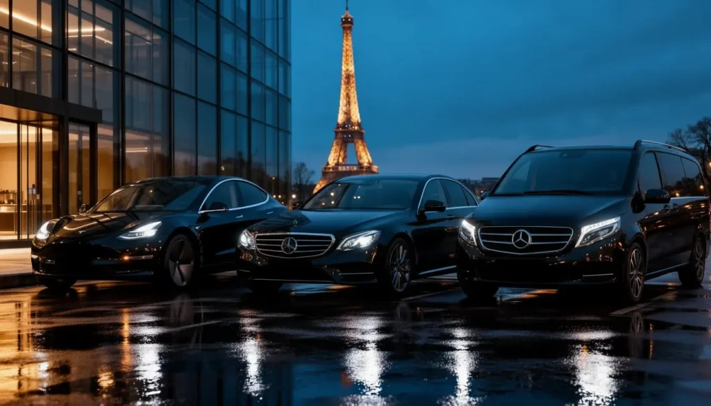 Flotte de véhicules VTC à Paris avec vue sur la Tour Eiffel – chauffeur privé Île-de-France