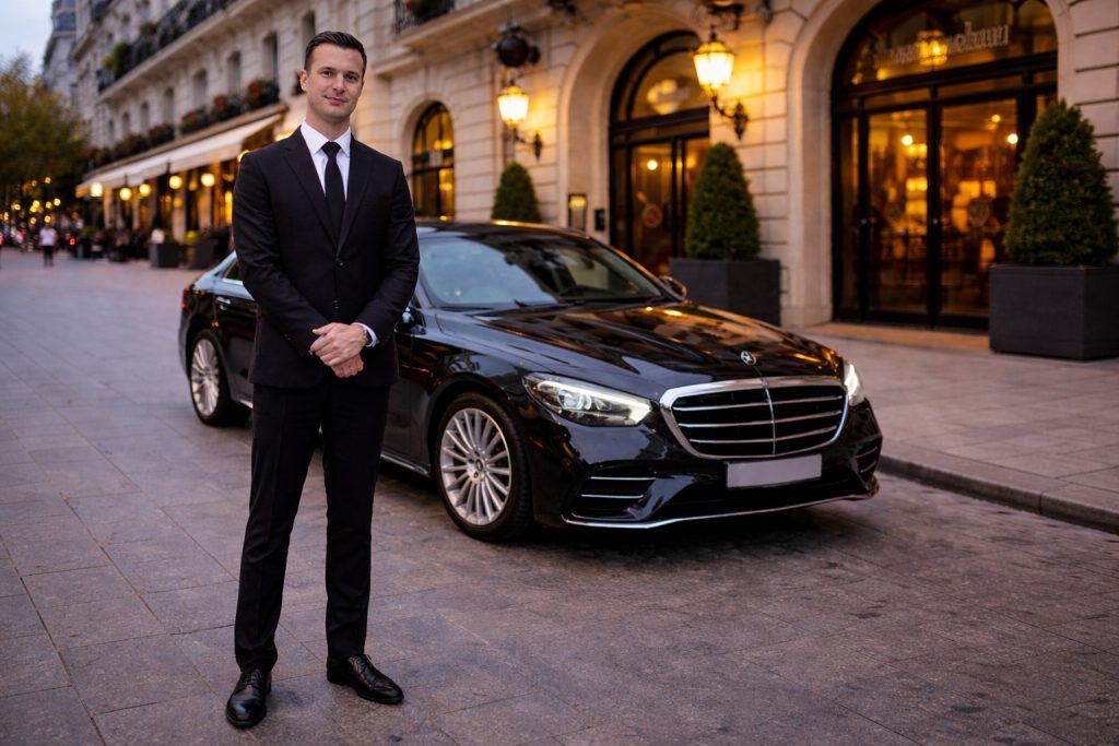 Chauffeur privé professionnel à Paris devant son véhicule VTC en Île-de-France